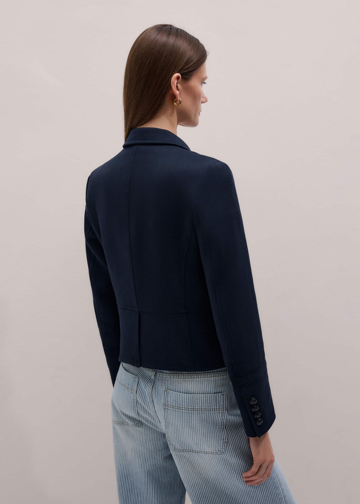 Navy Herringbone Fitted Crop Jacket | ME+EM Clothing