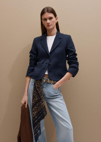 Navy Herringbone Fitted Crop Jacket | ME+EM Clothing