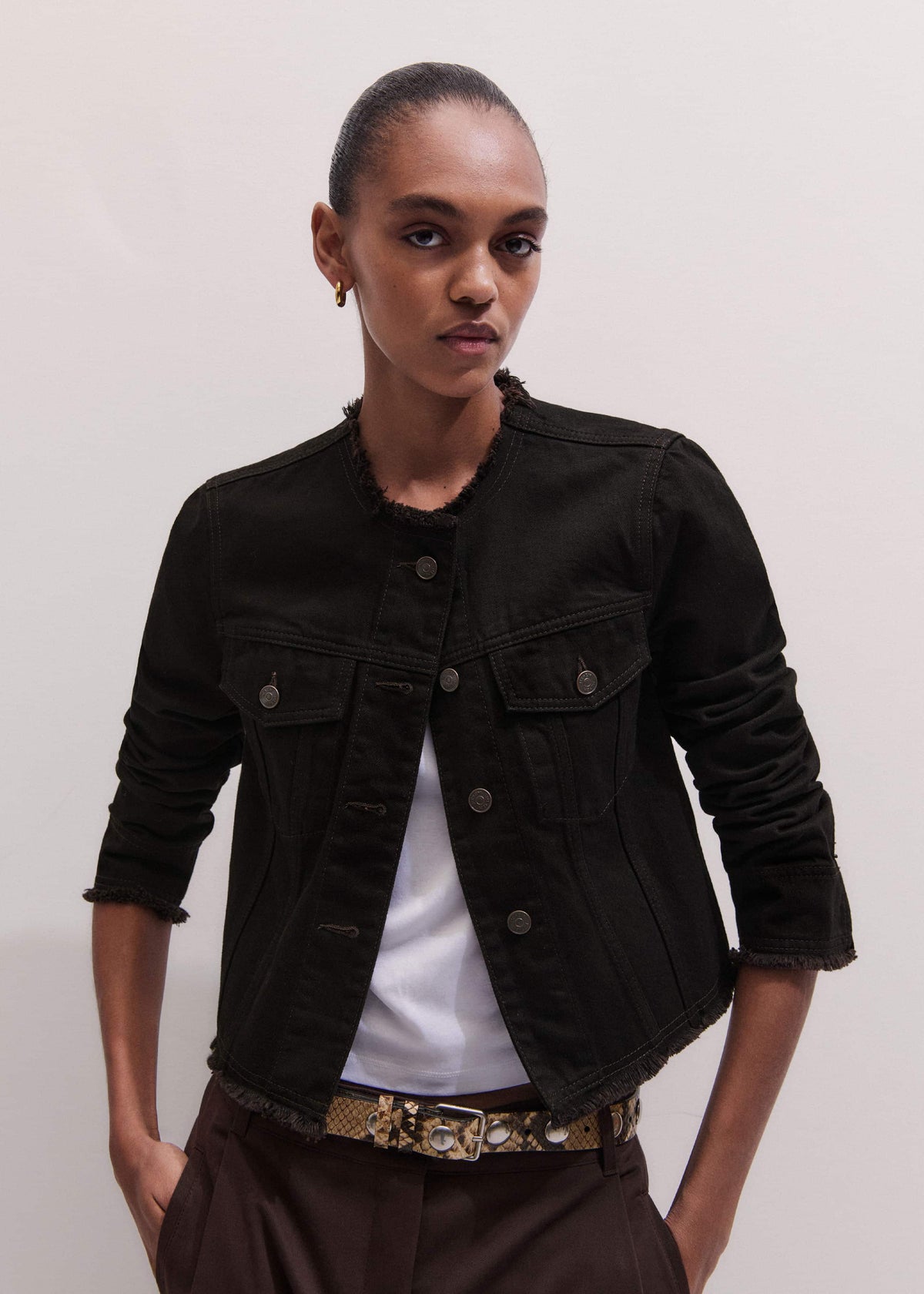 Black Collarless Fray Jacket | ME+EM Clothing