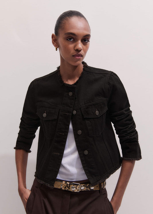 Black Collarless Fray Jacket | ME+EM Clothing