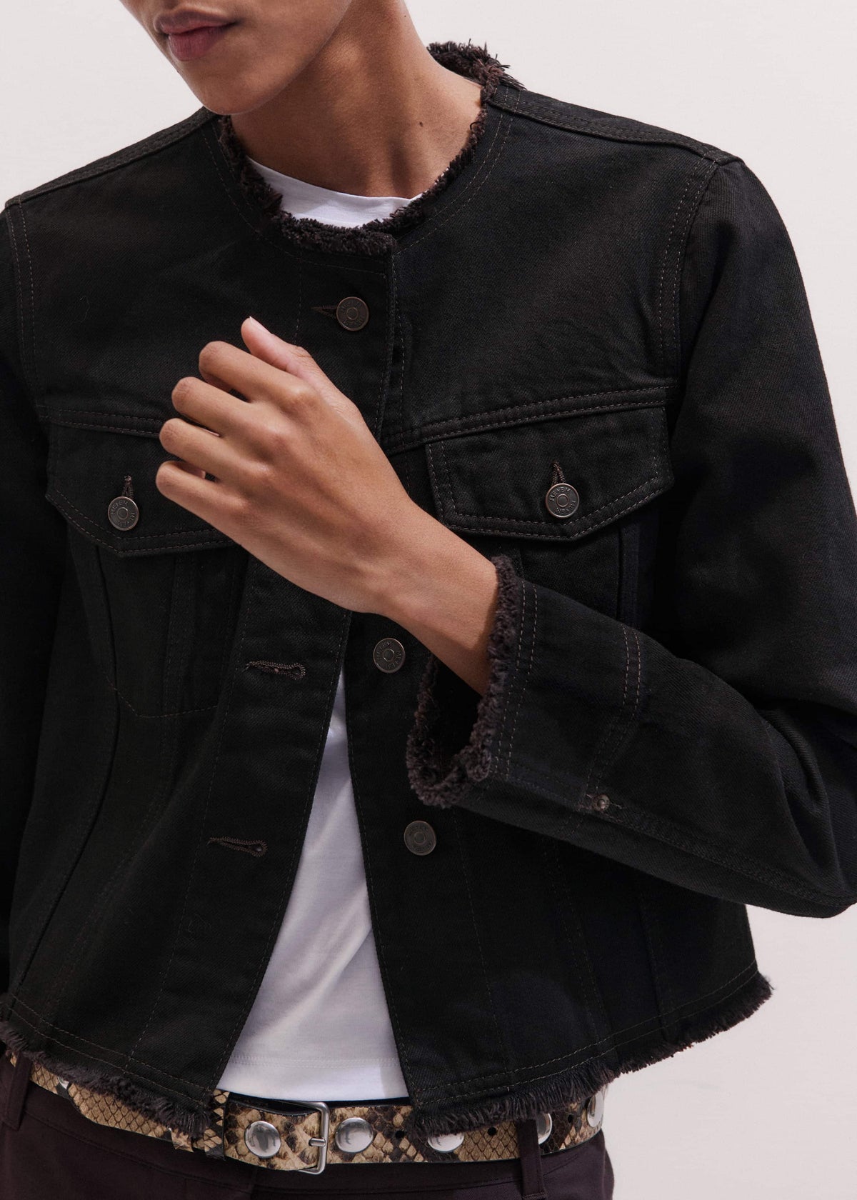 Black Collarless Fray Jacket | ME+EM Clothing