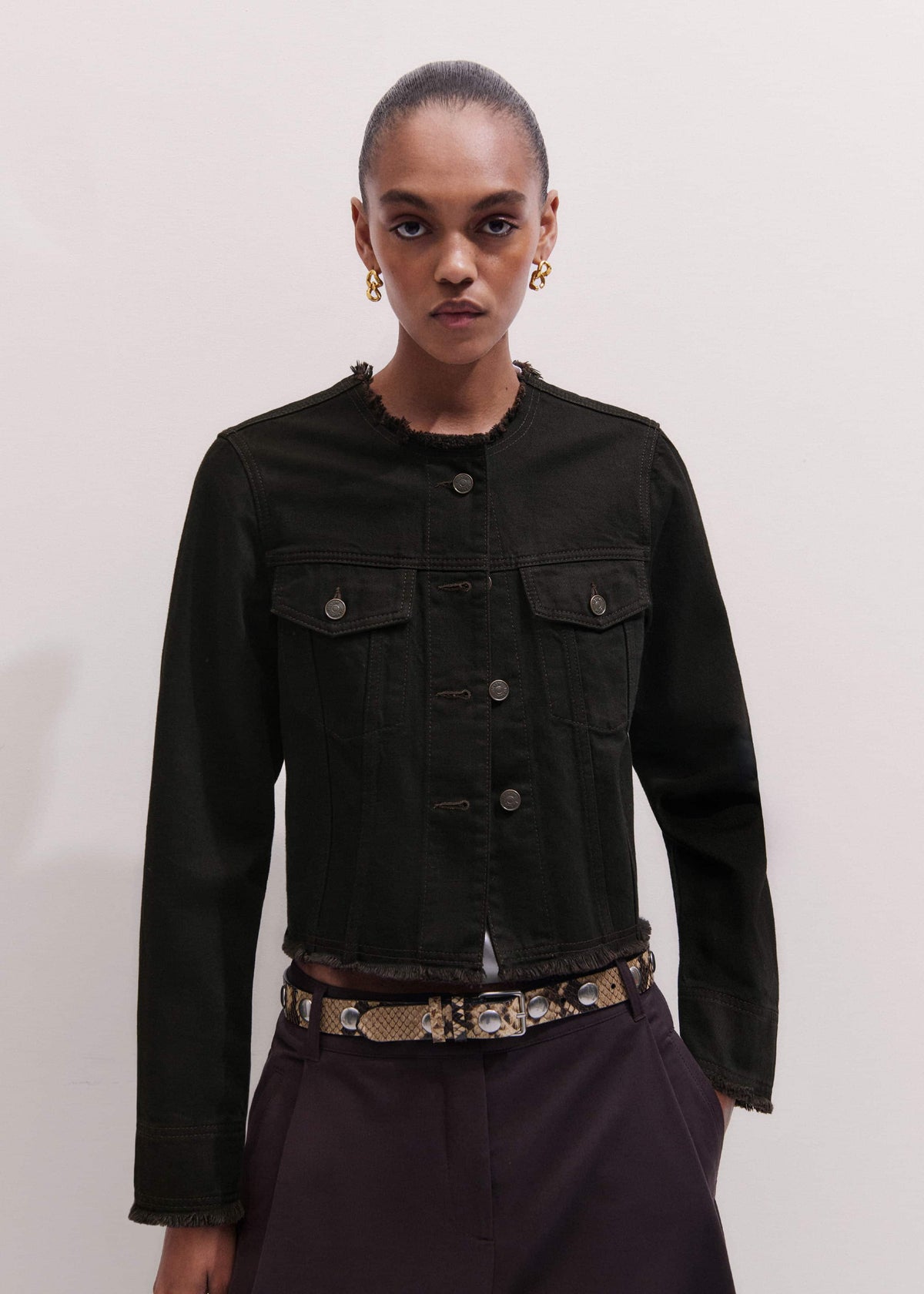 Black Collarless Fray Jacket | ME+EM Clothing