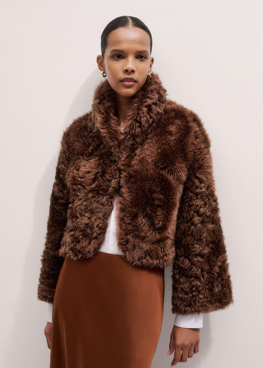 Brown Luxe Shearling Evening Crop Jacket | ME+EM Clothing