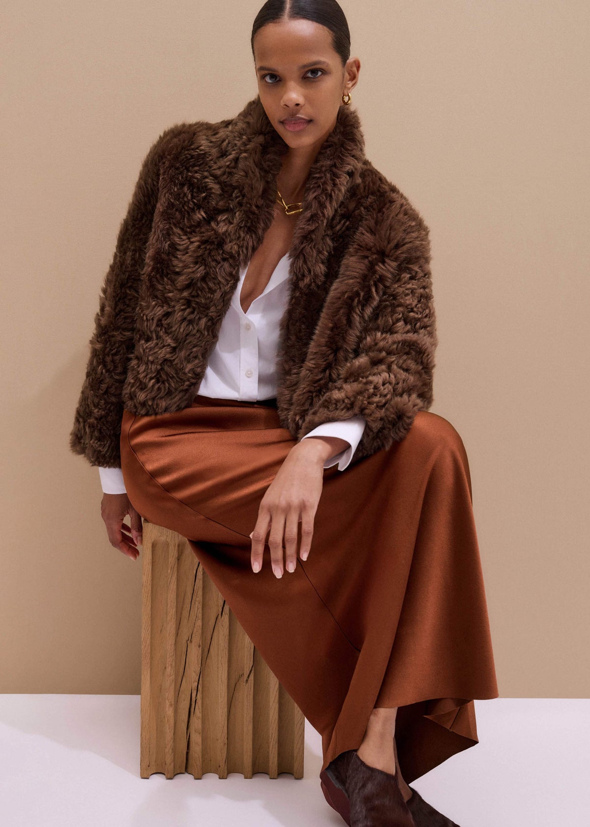 Brown Luxe Shearling Evening Crop Jacket | ME+EM Clothing