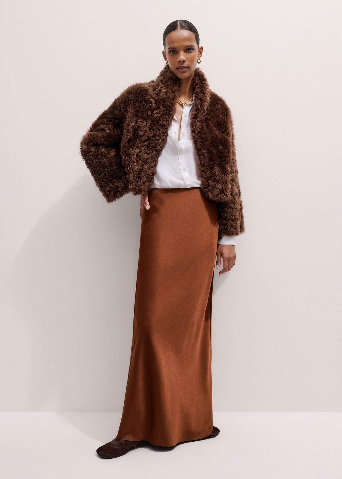 Brown Luxe Shearling Evening Crop Jacket | ME+EM Clothing