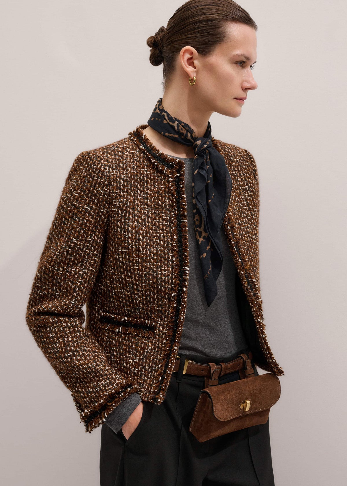 Brown Slim Tweed Fringed Jacket | ME+EM Clothing