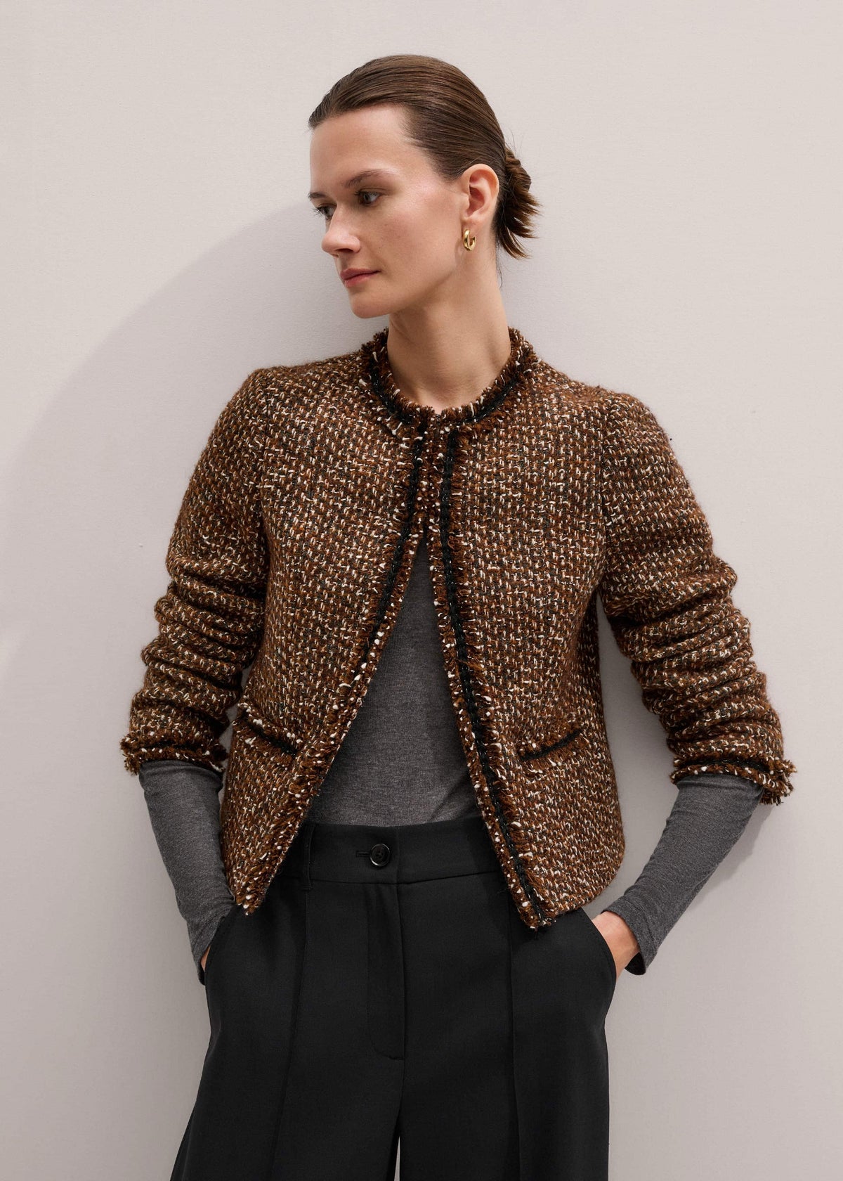 Brown Slim Tweed Fringed Jacket | ME+EM Clothing