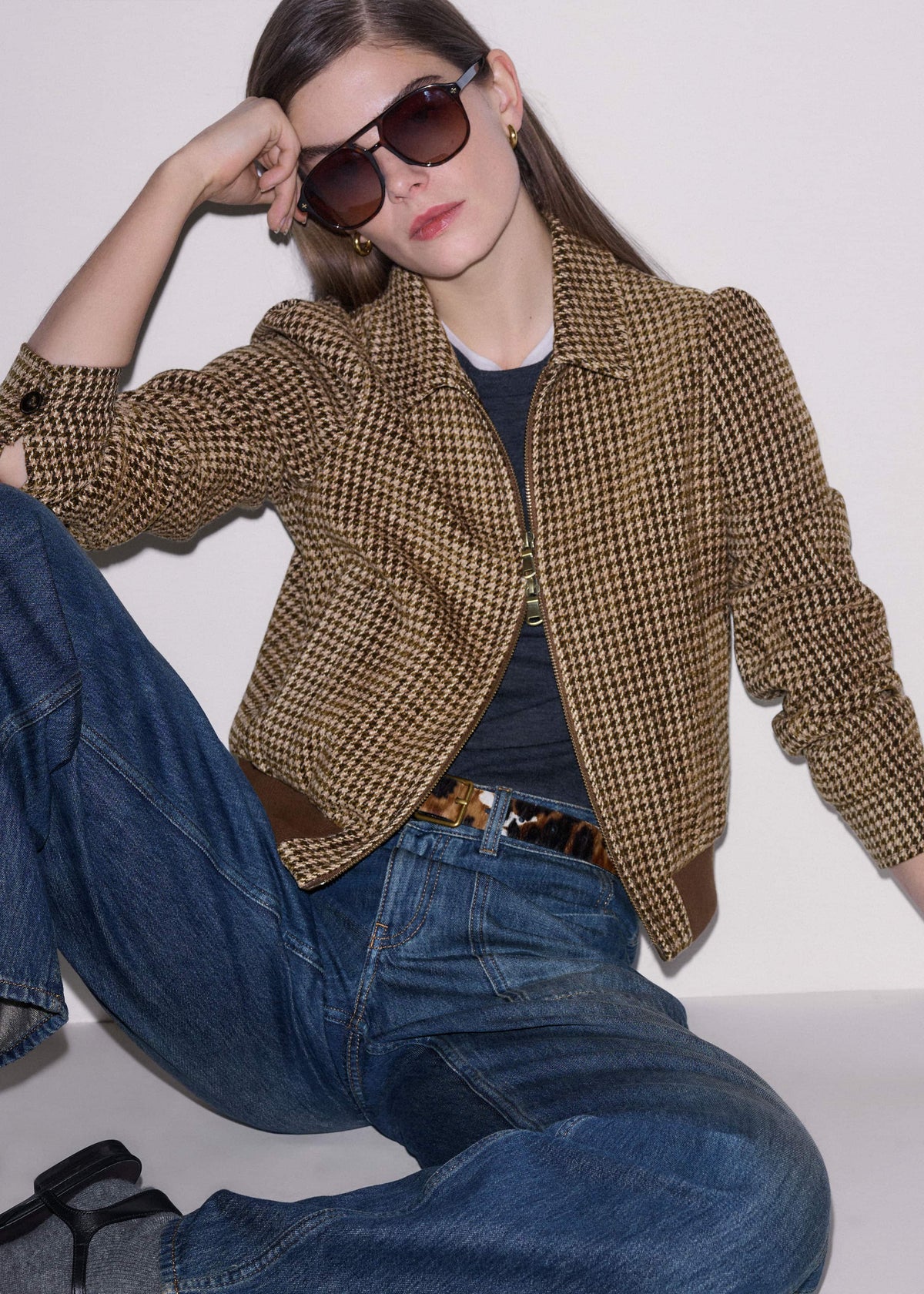 Brown Super Soft Houndstooth Bomber Jacket | ME+EM Clothing