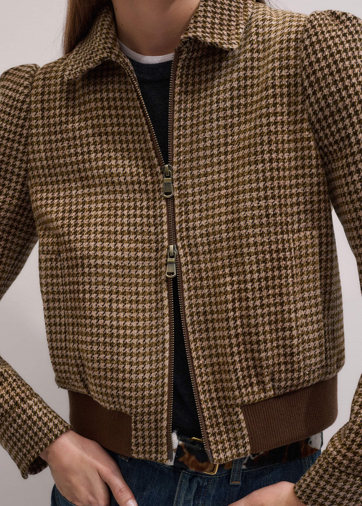 Brown Super Soft Houndstooth Bomber Jacket | ME+EM Clothing
