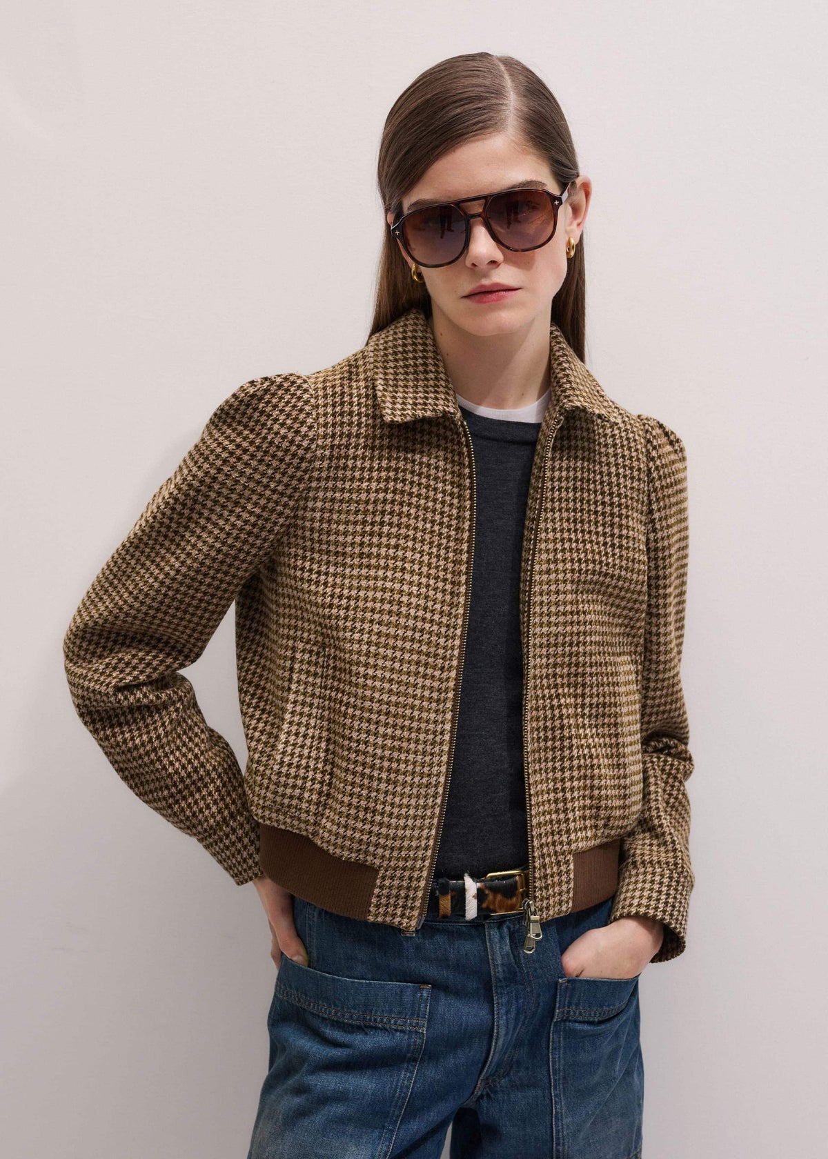 Brown Super Soft Houndstooth Bomber Jacket | ME+EM Clothing