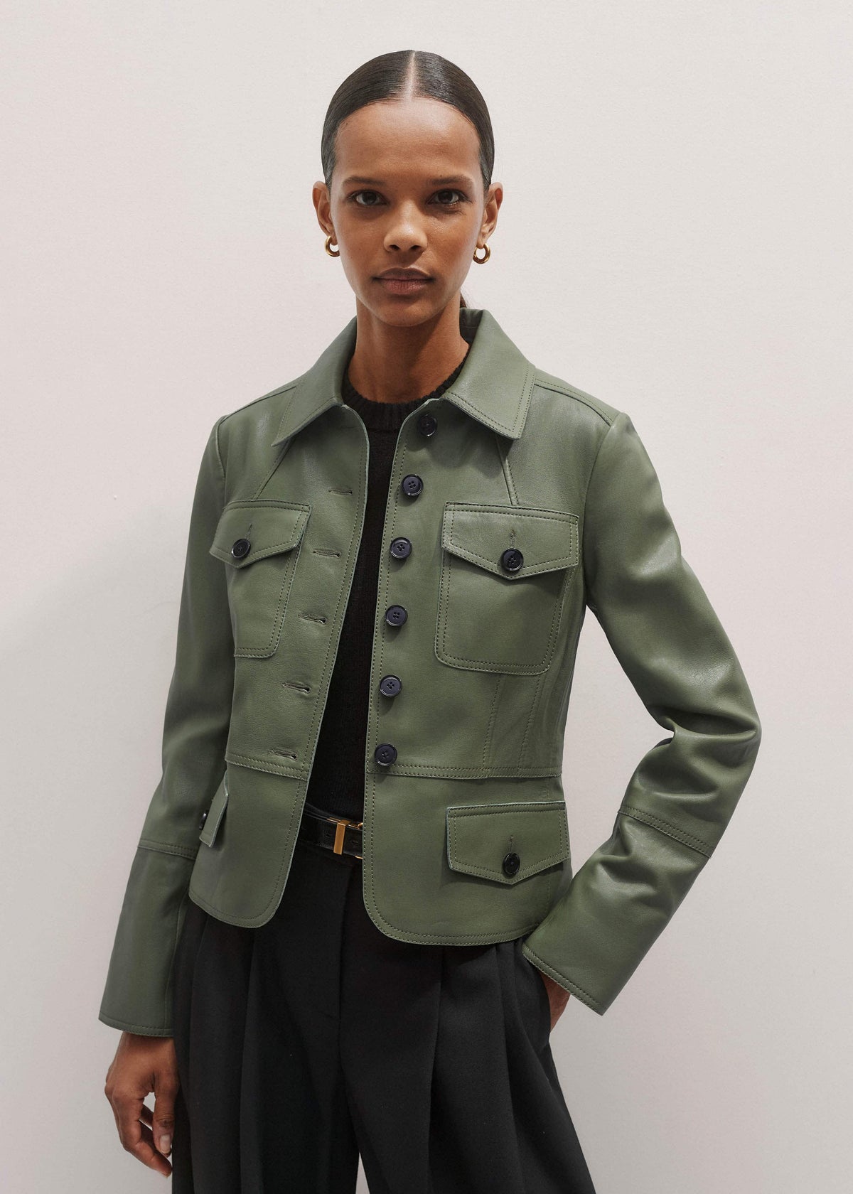 Green Washed Leather Fitted Utility Jacket | ME+EM Clothing