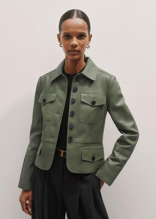 Green Washed Leather Fitted Utility Jacket | ME+EM Clothing