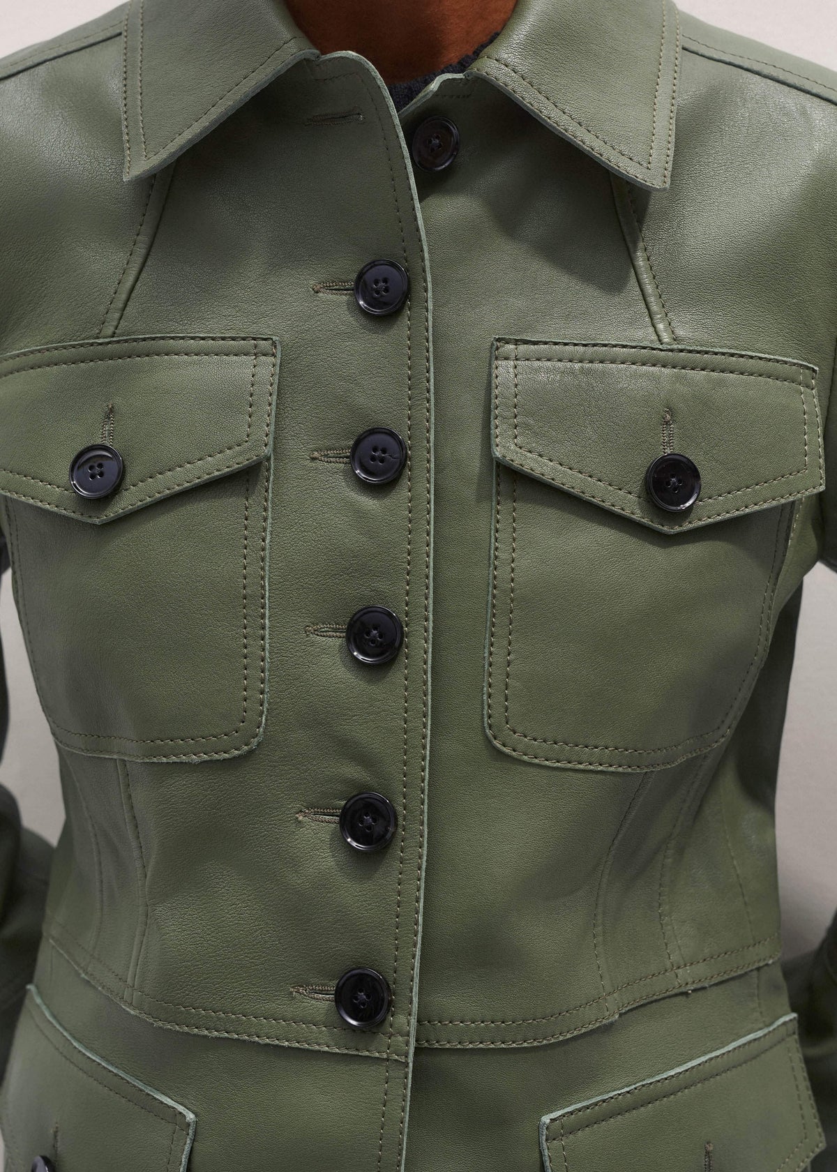 Green Washed Leather Fitted Utility Jacket | ME+EM Clothing