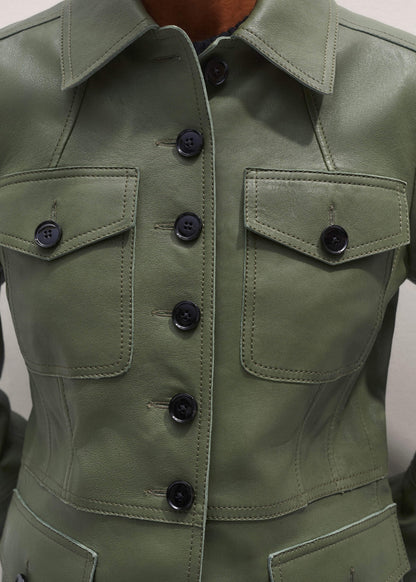 Green Washed Leather Fitted Utility Jacket | ME+EM Clothing