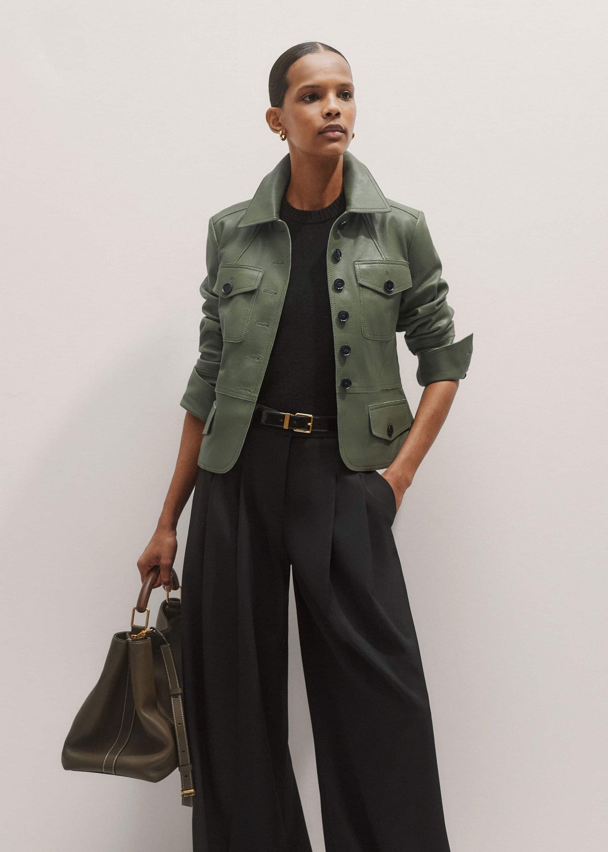 Green Washed Leather Fitted Utility Jacket | ME+EM Clothing