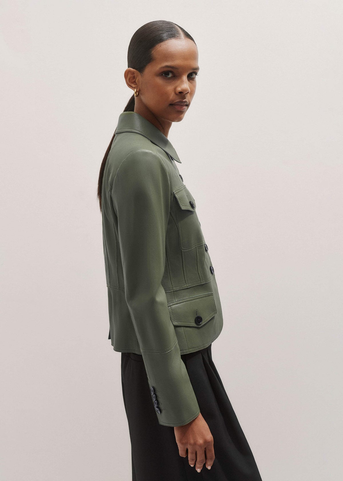 Green Washed Leather Fitted Utility Jacket | ME+EM Clothing