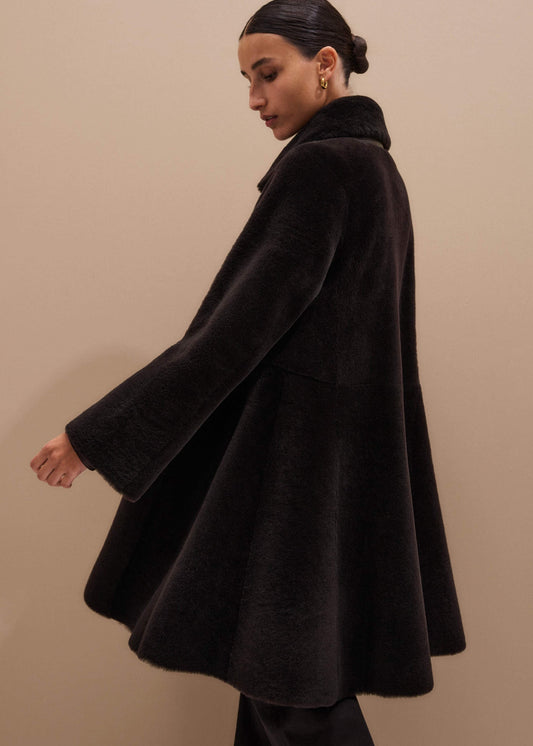 Brown Luxe Shearling Leather Mix Swing Coat | ME+EM Clothing