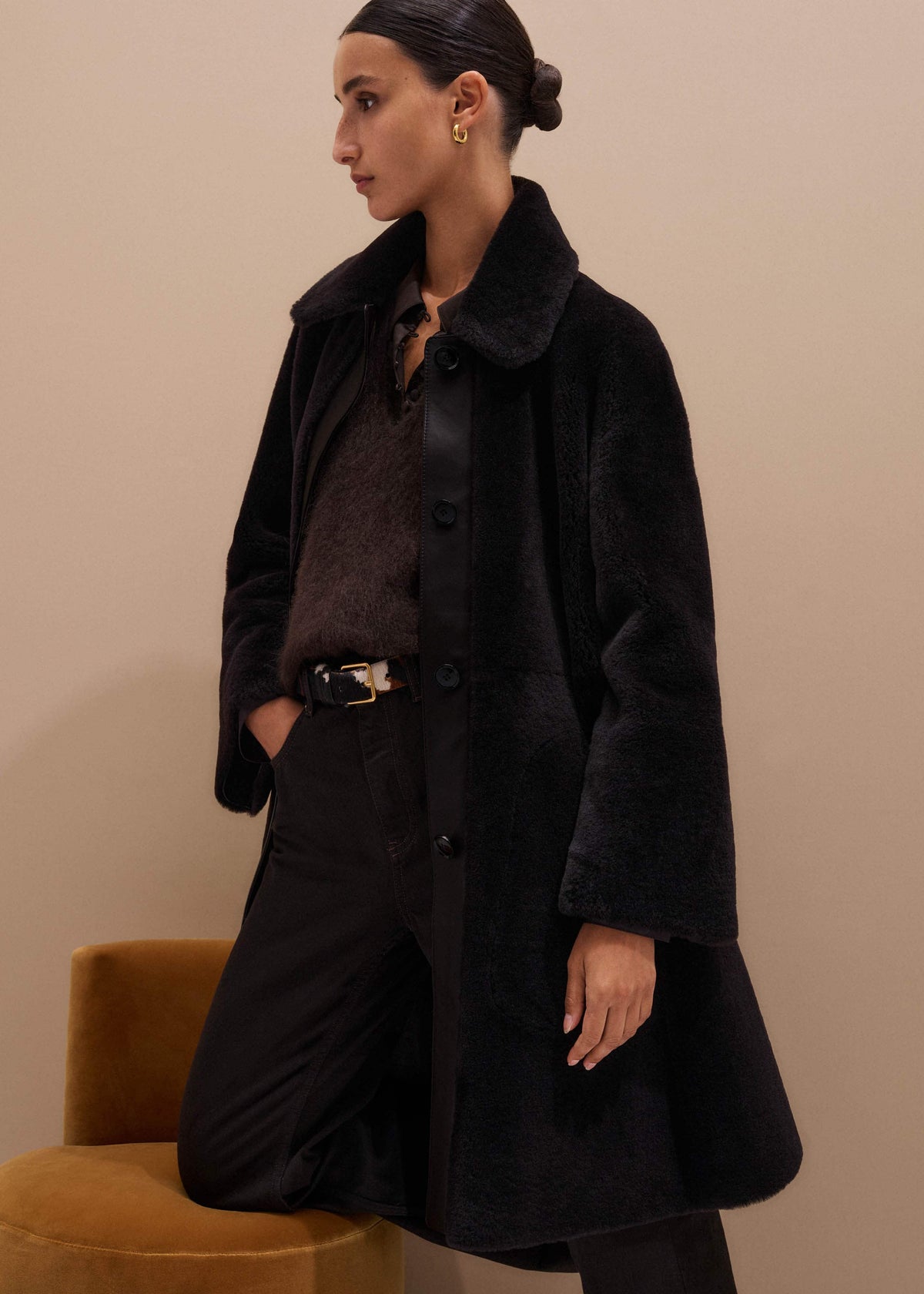 Brown Luxe Shearling Leather Mix Swing Coat | ME+EM Clothing
