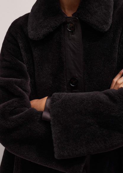 Brown Luxe Shearling Leather Mix Swing Coat | ME+EM Clothing