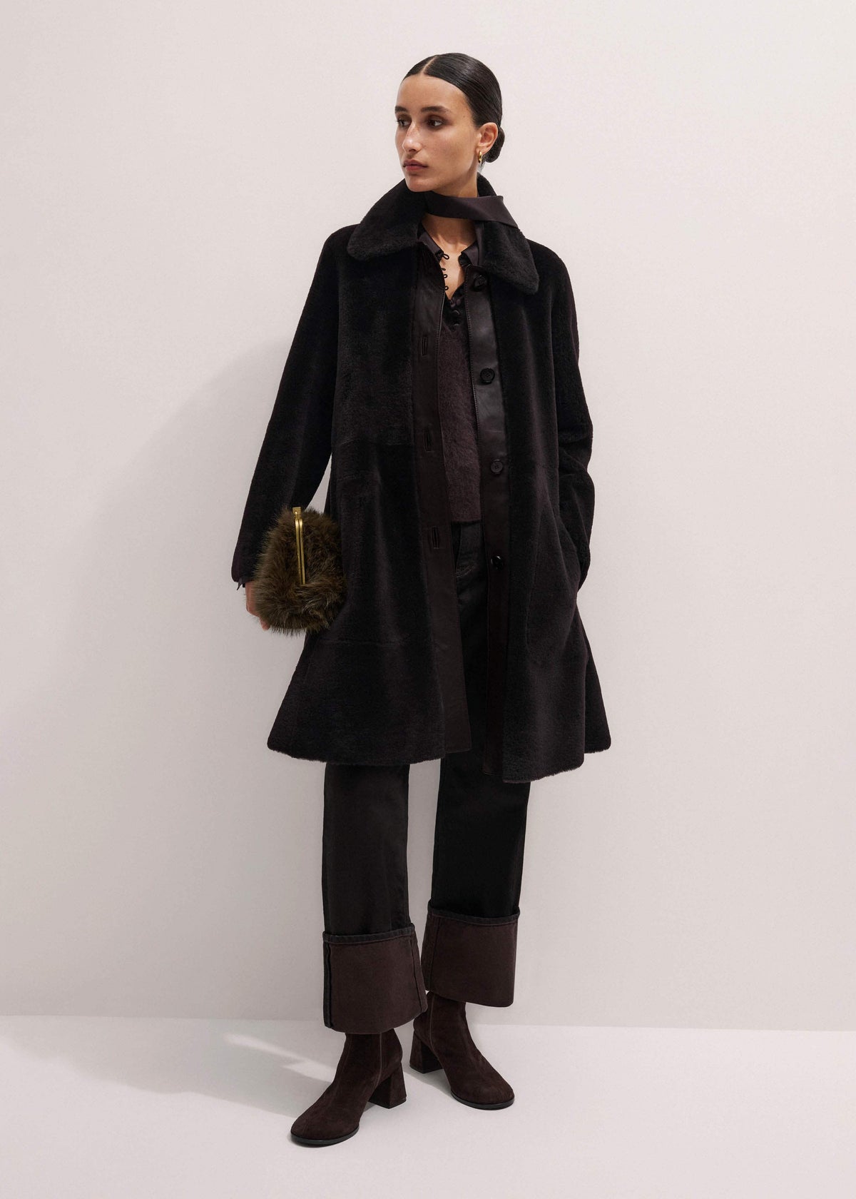 Brown Luxe Shearling Leather Mix Swing Coat | ME+EM Clothing