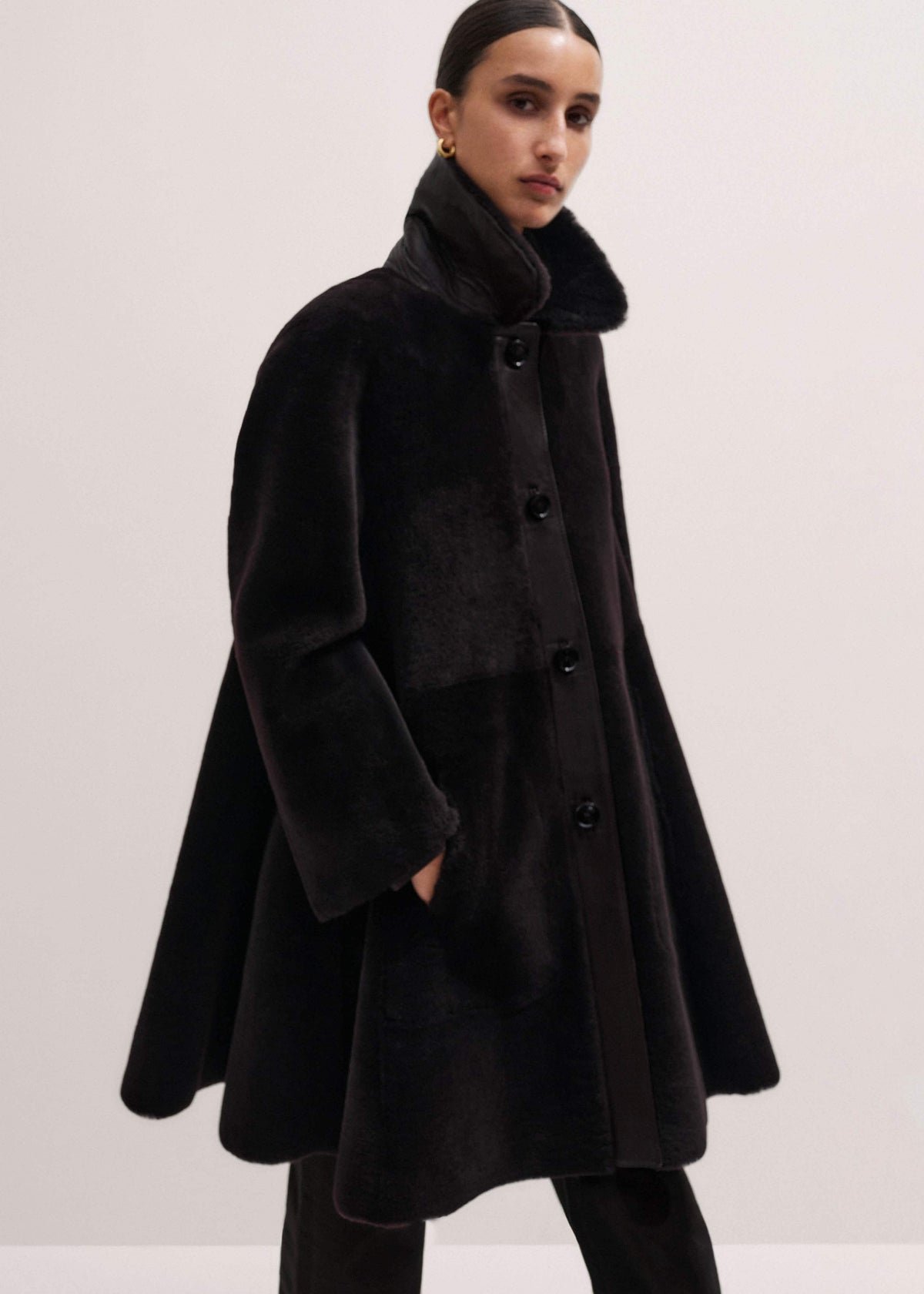 Brown Luxe Shearling Leather Mix Swing Coat | ME+EM Clothing