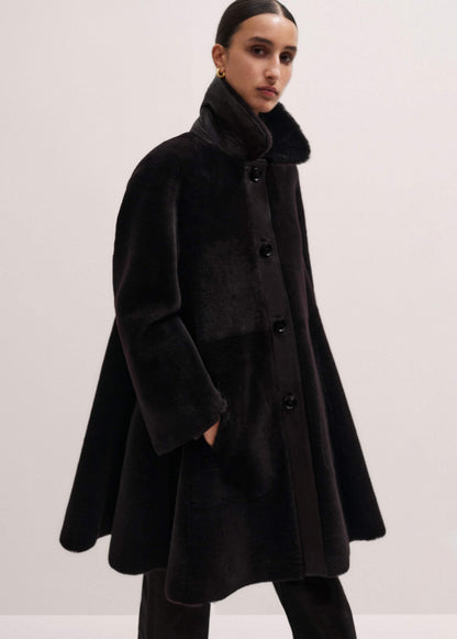 Brown Luxe Shearling Leather Mix Swing Coat | ME+EM Clothing