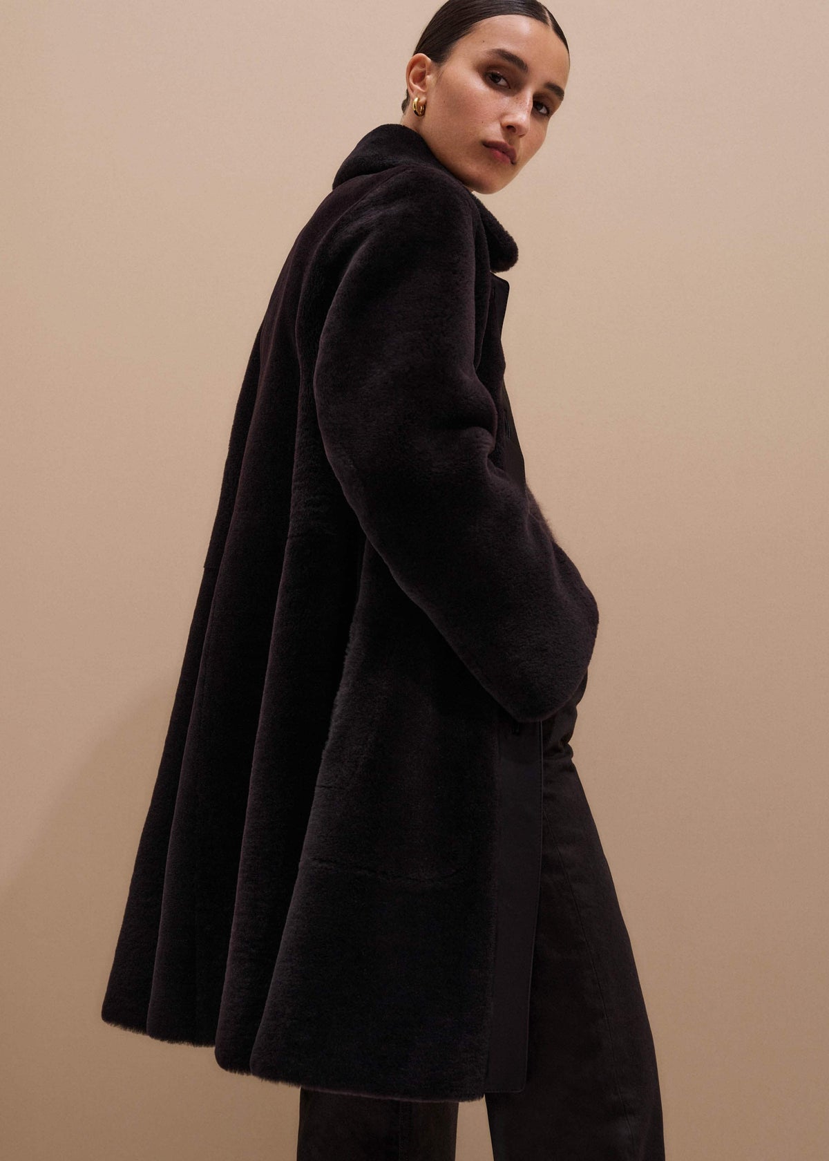 Brown Luxe Shearling Leather Mix Swing Coat | ME+EM Clothing