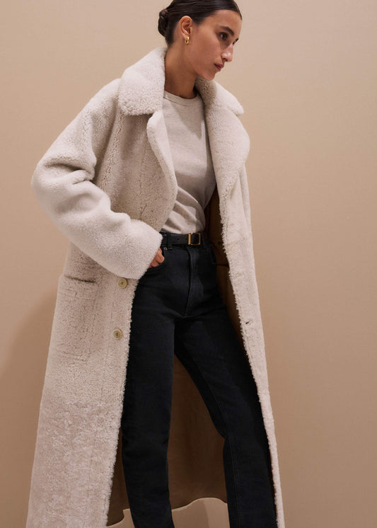 Cream Reversible Shearling Coat + Belt | ME+EM Clothing