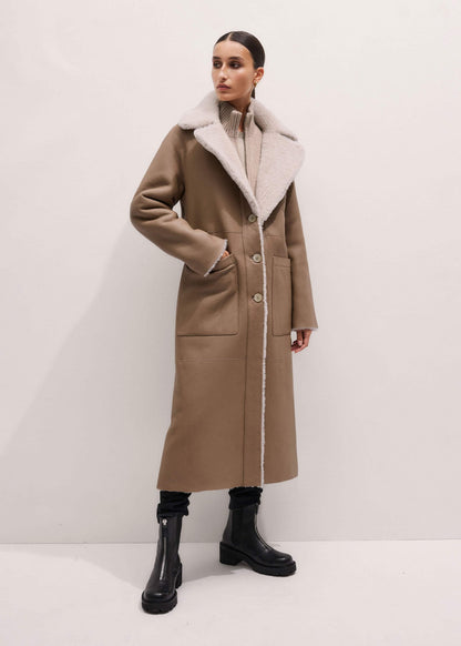 Cream Reversible Shearling Coat + Belt | ME+EM Clothing