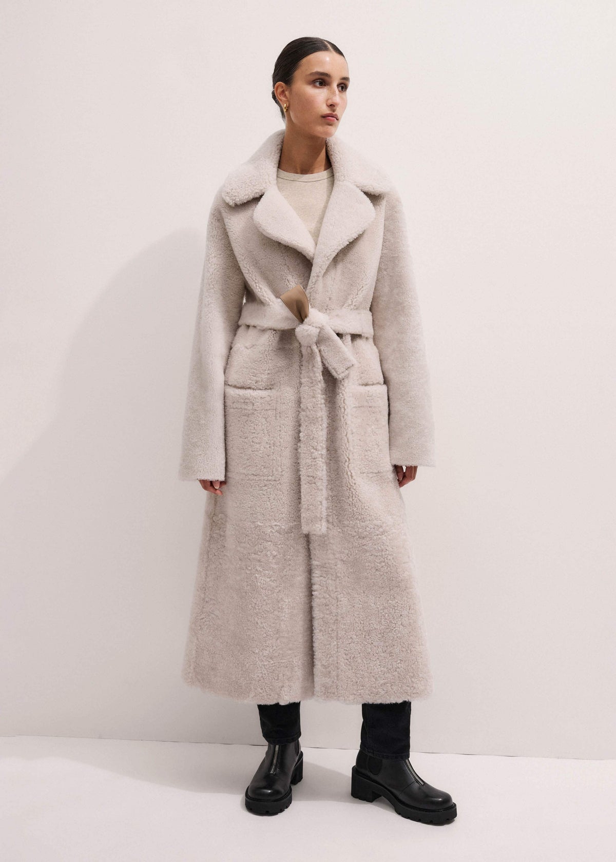 Cream Reversible Shearling Coat + Belt | ME+EM Clothing