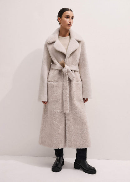 Cream Reversible Shearling Coat + Belt | ME+EM Clothing