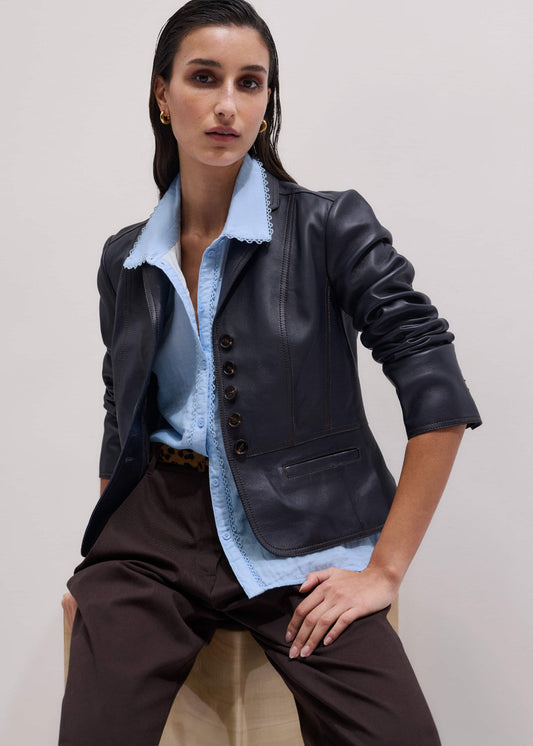 Navy Leather Luxe Short Fitted Blazer | ME+EM Clothing