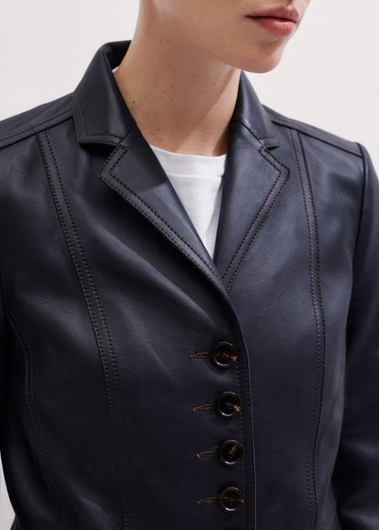 Navy Leather Luxe Short Fitted Blazer | ME+EM Clothing