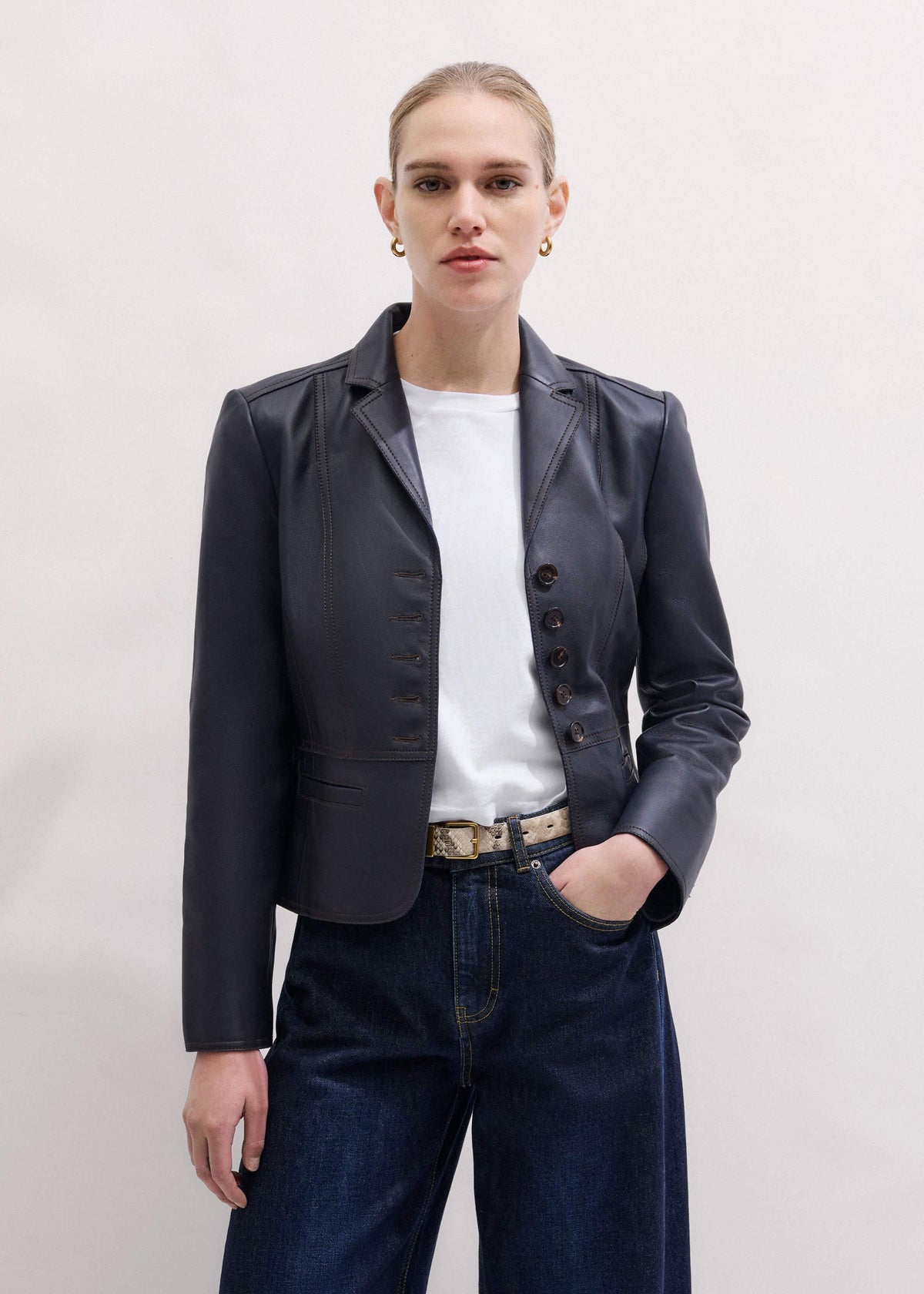 Navy Leather Luxe Short Fitted Blazer | ME+EM Clothing