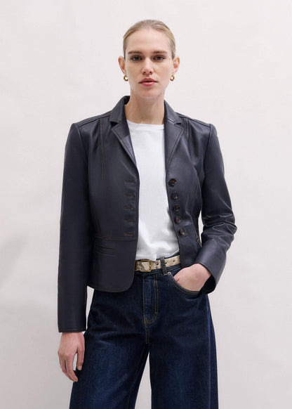 Navy Leather Luxe Short Fitted Blazer | ME+EM Clothing