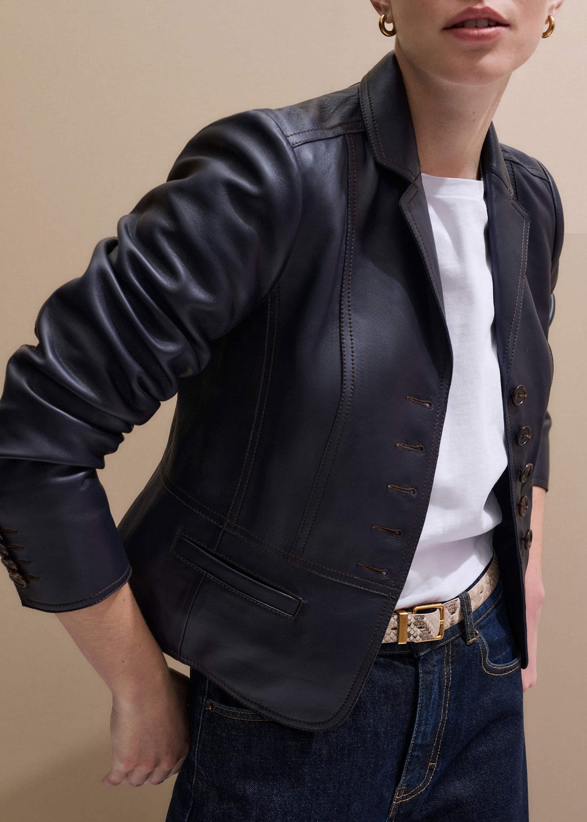 Navy Leather Luxe Short Fitted Blazer | ME+EM Clothing