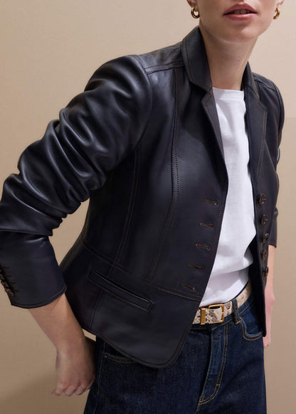 Navy Leather Luxe Short Fitted Blazer | ME+EM Clothing