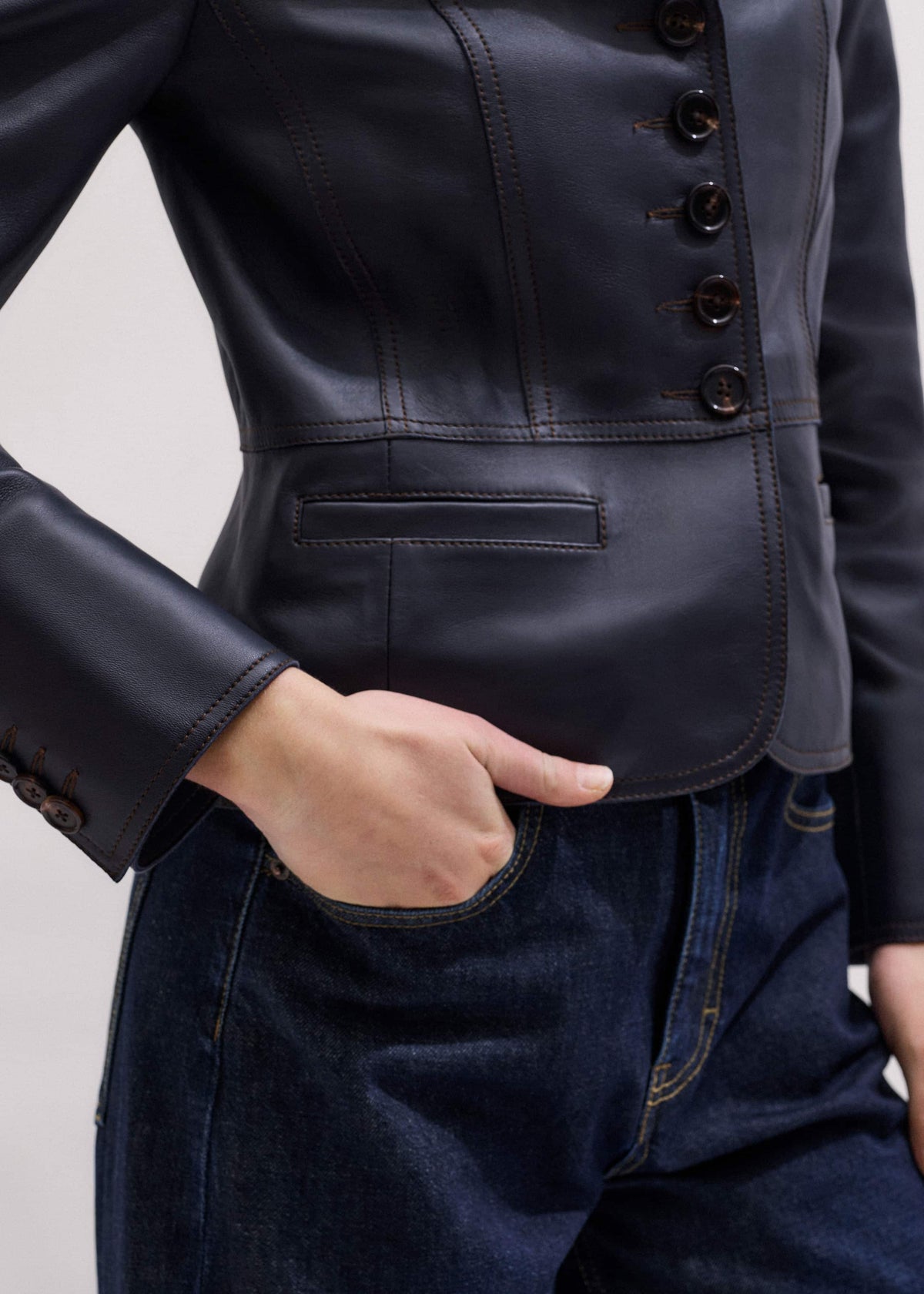 Navy Leather Luxe Short Fitted Blazer | ME+EM Clothing