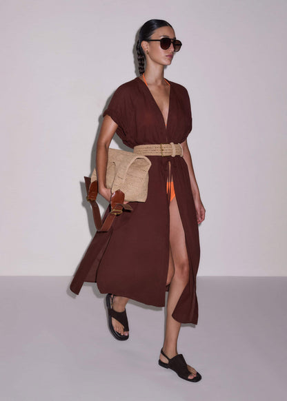 Cinnamon Brown Tie Front Maxi Cover Up | ME+EM Clothing