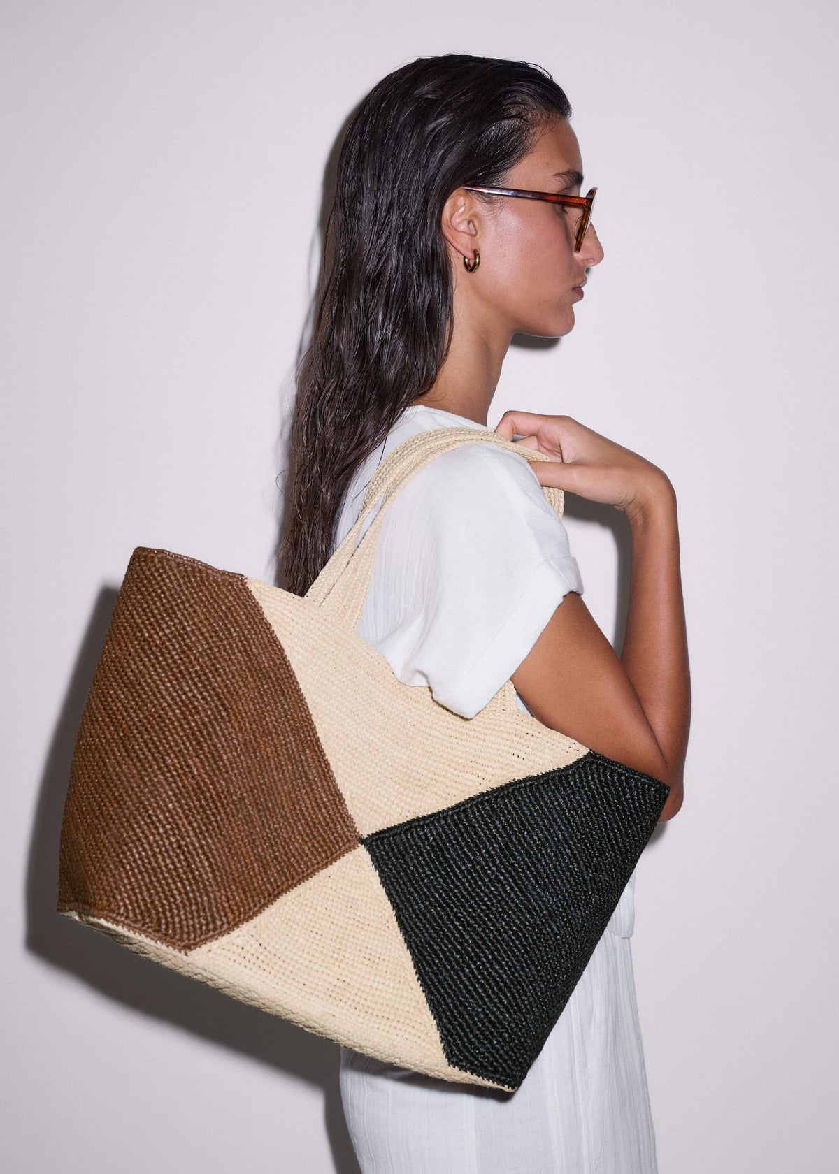 Brown Contrast Raffia Tote Bag | ME+EM Clothing|Accessories