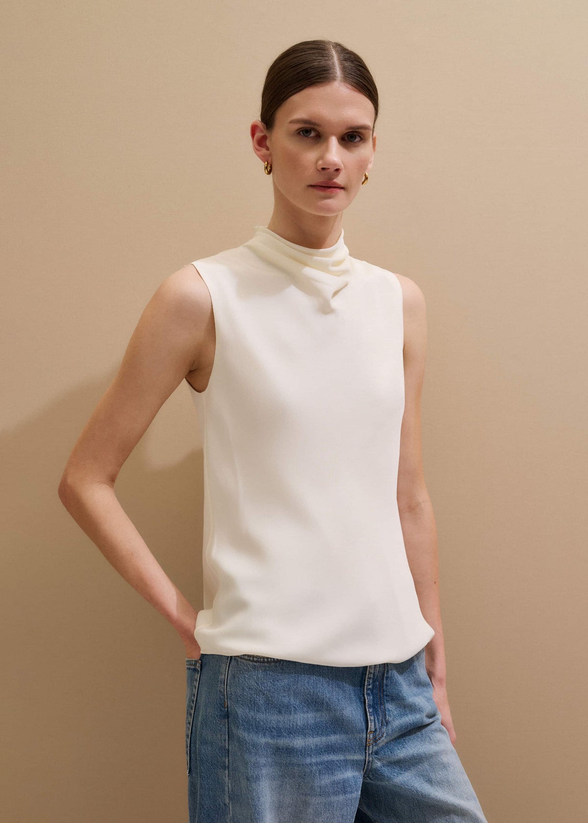 Cream Silk Elevated Cowl Neck Top | ME+EM Clothing