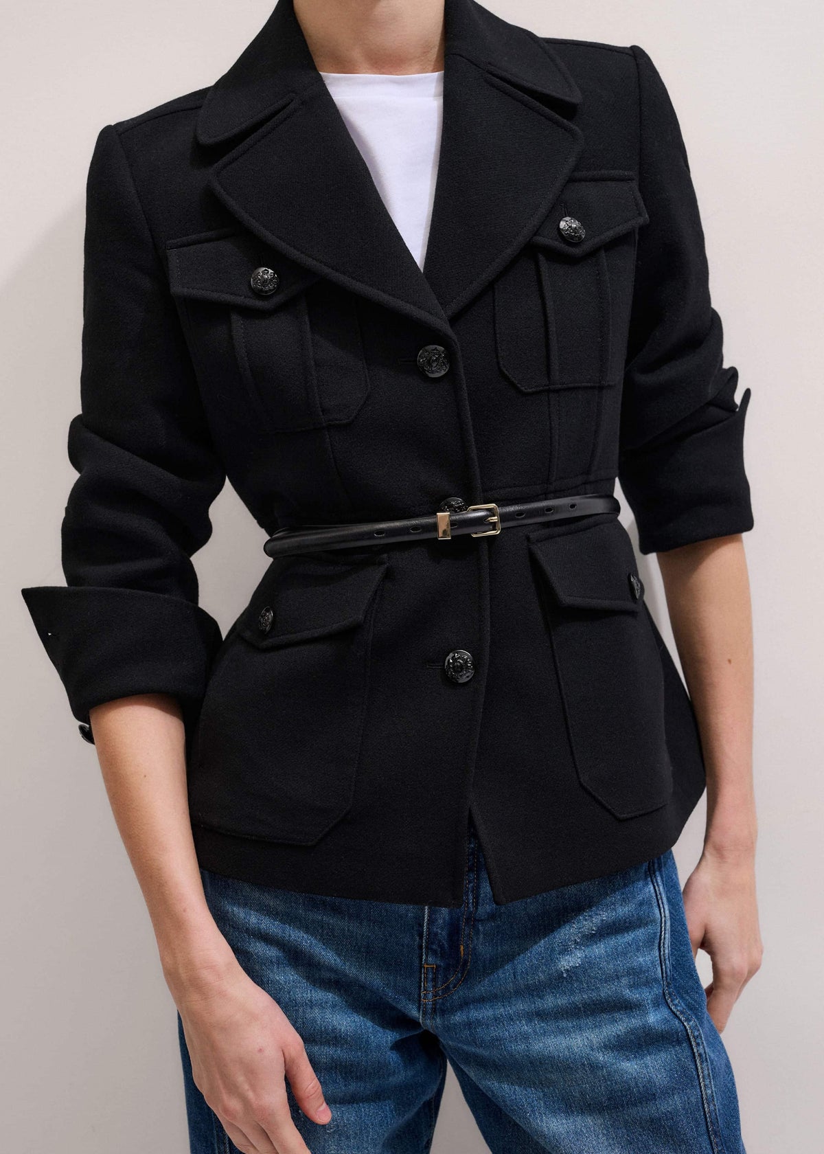Black Longline Fitted Military Jacket | ME+EM Clothing