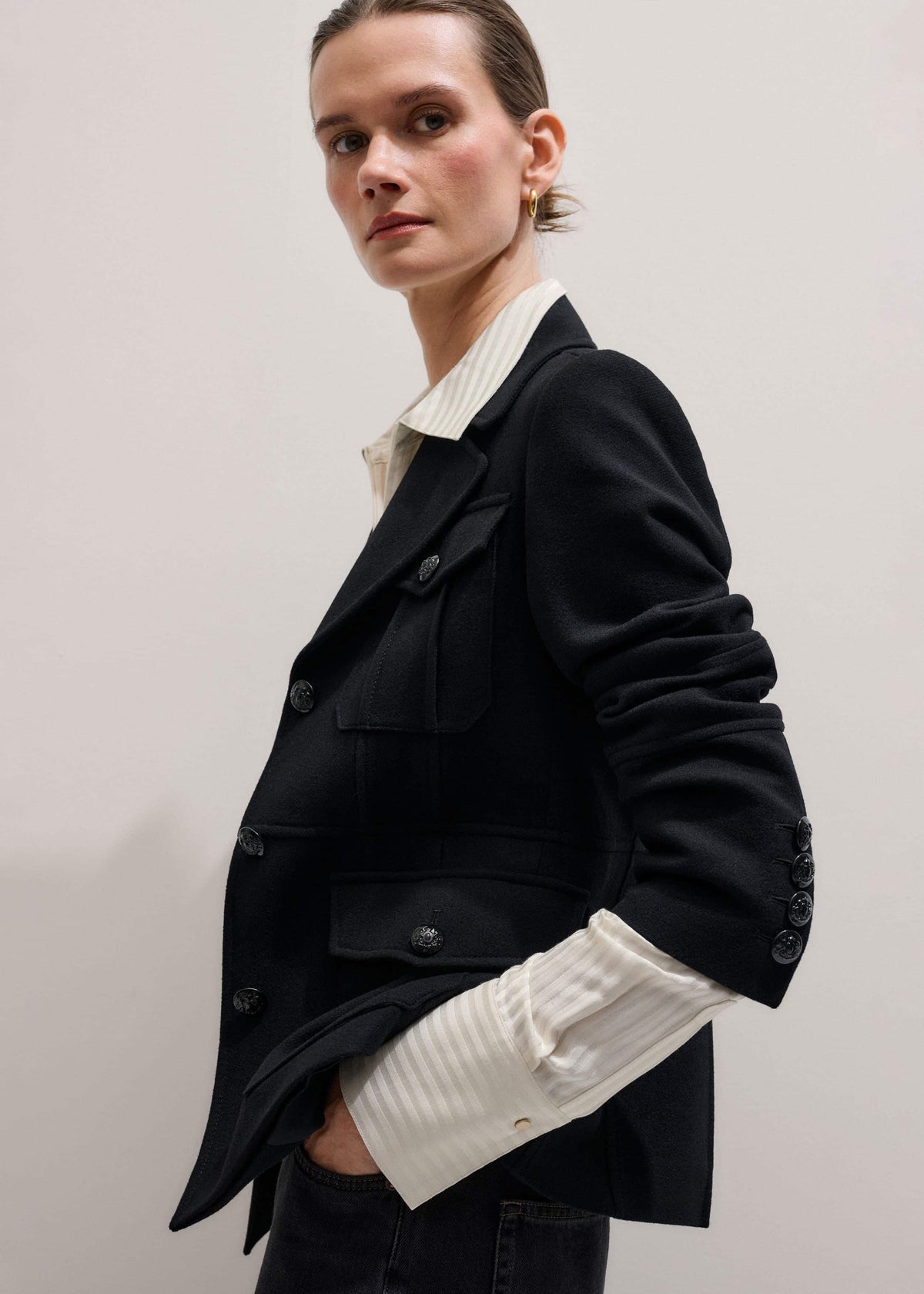 Black Longline Fitted Military Jacket | ME+EM Clothing