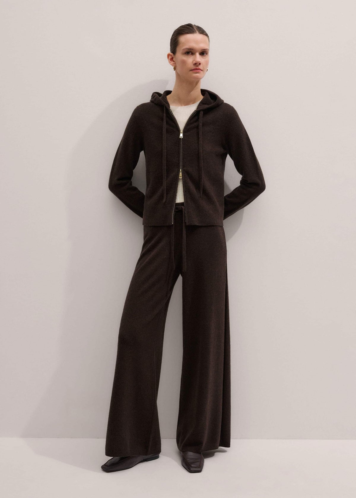 Brown Cashmere Straight Hoodie + Wide-Leg Pant Knitted Co-ord | ME+EM Clothing