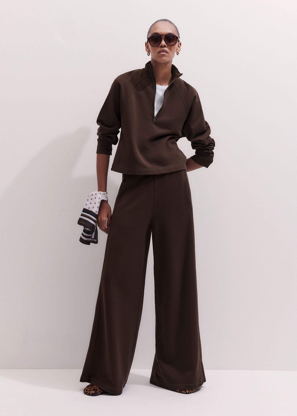 Brown High Zip Neck Crop Top + Wide-Leg Track Pant Co-ord | ME+EM Clothing