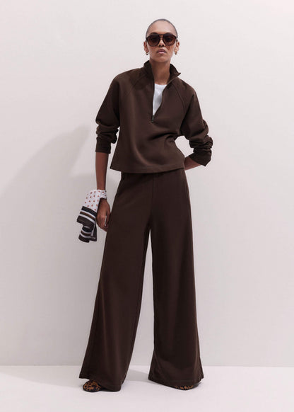 Brown High Zip Neck Crop Top + Wide-Leg Track Pant Co-ord | ME+EM Clothing