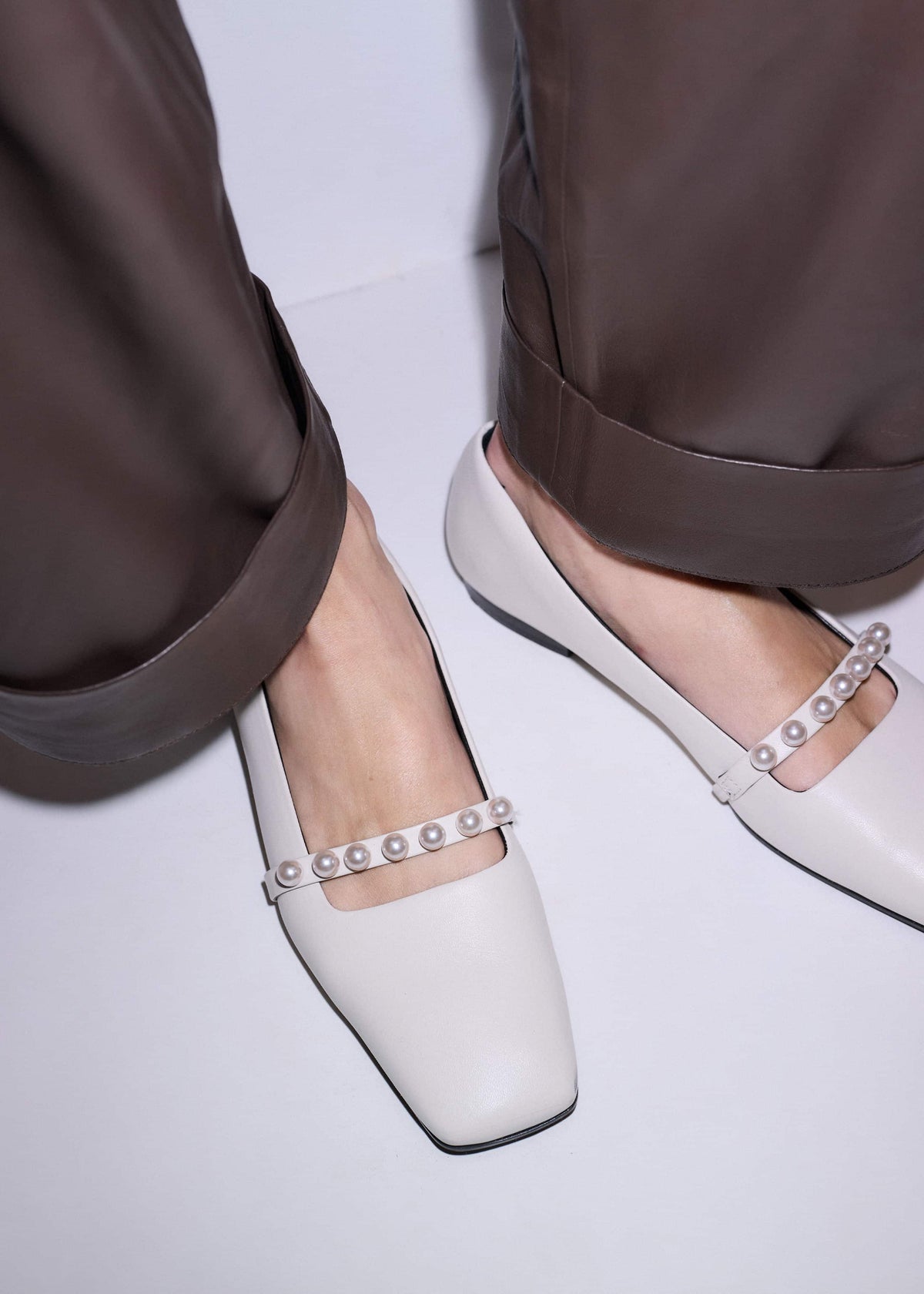 Off White Faux Pearl Square Toe Ballerina Flat | ME+EM Accessories